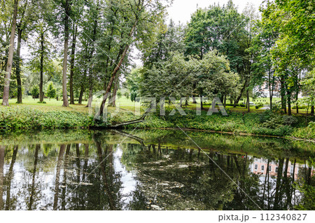 Small pond in the park. Green park with varied vegetation. Calm water surface. Small pond in the park. Green park with varied vegetation. Calm water surface. 112340827