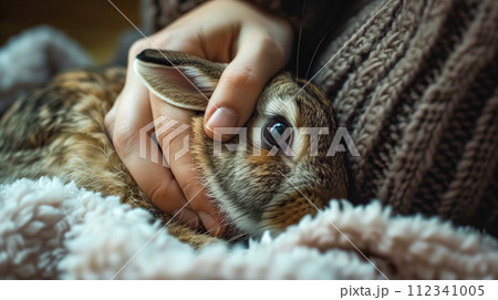 黄金色の日差しの中でペットを抱きしめる少女、優しい瞬間。 112341005