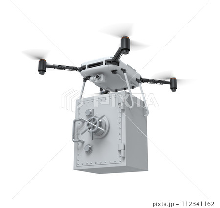 3d rendering of drone with camera carrying locked light gray money safe isolated on white background. 3d rendering of drone with camera carrying locked light gray money safe isolated on white background. 112341162