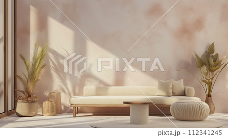 モダン調室内、商品陳列背景のイメージ。リラックスの雰囲気。化粧品撮影背景。 112341245