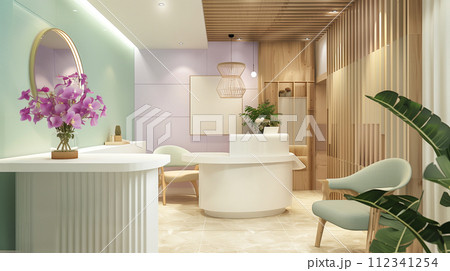 モダン調室内、商品陳列背景のイメージ。リラックスの雰囲気。化粧品撮影背景。 モダン調室内、商品陳列背景のイメージ。リラックスの雰囲気。化粧品撮影背景。 112341254