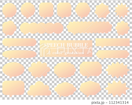 Illustration of a set of 25 speech bubbles with two-color gradation in pastel colors (yellow and orange) 112341314