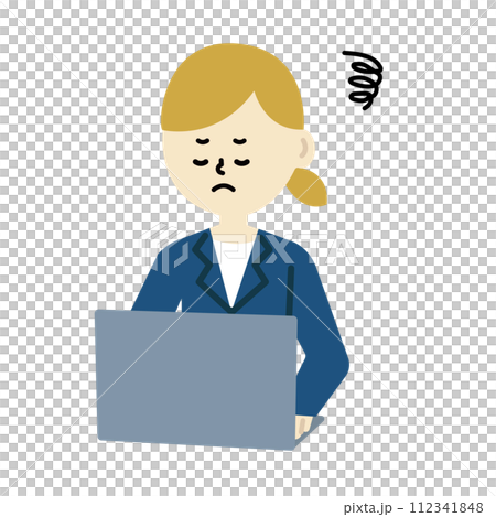 商務筆記型電腦辦公桌工作女人可愛陷入困境的卡通 112341848