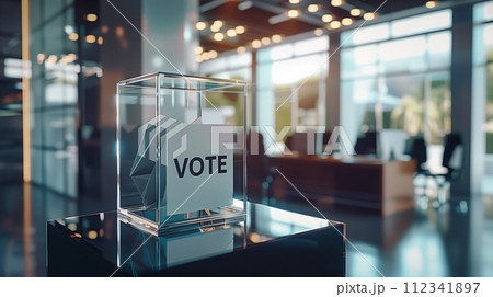 アンビエントオフィス照明を備えたシンプルな透明な選挙ボックス。 112341897