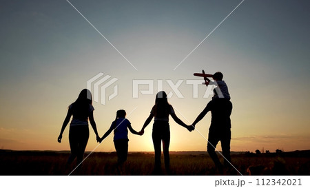 family walks across the field. happy childhood concept for little child. big happy family walks across the field on the grass holding hands, sunset lifestyle on the background, silhouettes family walks across the field. happy childhood concept for little child. big happy family walks across the field on the grass holding hands, sunset lifestyle on the background, silhouettes 112342021