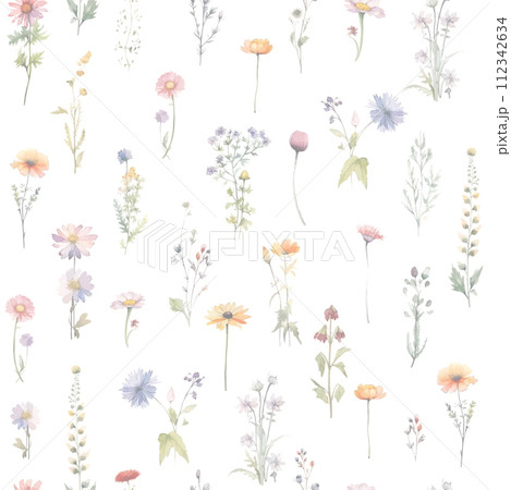 Floral watercolor seamless pattern banner with watercolor wild herbs and flowers. Floral watercolor seamless pattern banner with watercolor wild herbs and flowers. 112342634