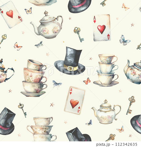 Watercolor wonderland seamless pattern background. Hand drawn vintage label with playing cards, vintage key, cylinder hat, teapot, cups, saucers, tea party. 112342635