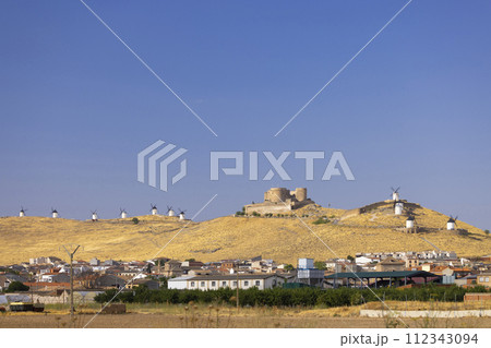 windmills and castle of Consuegra, Castilla La Mancha, Spain windmills and castle of Consuegra, Castilla La Mancha, Spain 112343094