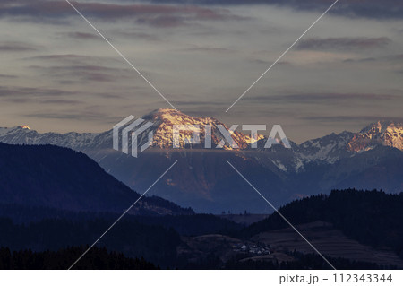 Winter landscape with Triglav peak, Triglavski national park, Slovenia 112343344