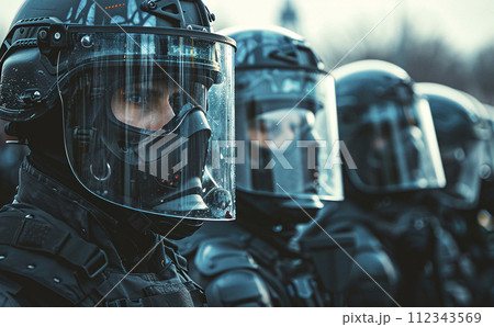 A group of police officers in helmets. Ensuring public order 112343569