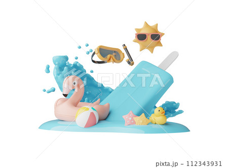 Summer elements 3d icon clipart island isolated on white background, Minimal Realistic objects for mock-up with summer theme, beach umbrella, sand, inflatable ring, vacation time to travel. Summer elements 3d icon clipart island isolated on white background, Minimal Realistic objects for mock-up with summer theme, beach umbrella, sand, inflatable ring, vacation time to travel. 112343931