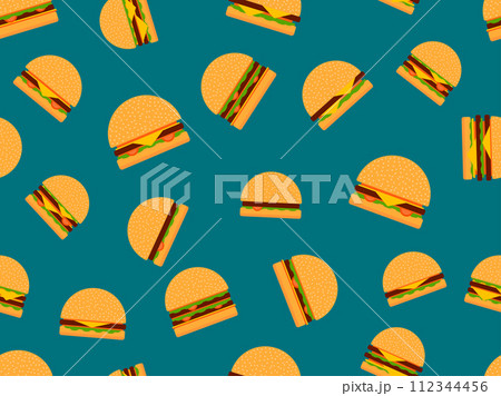 Hamburgers seamless pattern. Cheeseburgers and hamburgers in flat style. Cheeseburger with two cutlets. Bun with sesame seeds, cutlet, cheese and sauces. Design for wallpaper. Vector illustration Hamburgers seamless pattern. Cheeseburgers and hamburgers in flat style. Cheeseburger with two cutlets. Bun with sesame seeds, cutlet, cheese and sauces. Design for wallpaper. Vector illustration 112344456
