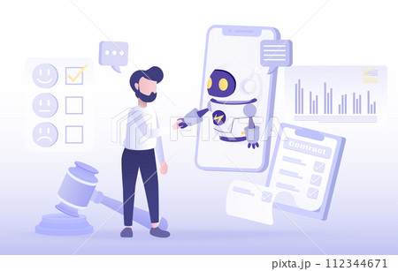 Collaboration between human and ai robot to deal contract. Meeting, assistance, strategy planning, creativity, satisfaction, data analysis. Flat vector design illustration. 112344671