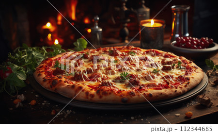 Delicious Italian pizza. Traditional homemade pizza. Mediterranean style 112344685