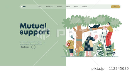 Mutual Support: Rescue cat from tree -modern flat vector concept illustration of elderly woman and man on a ladder under the tree Metaphor of voluntary, collaborative exchanges of resource, services Mutual Support: Rescue cat from tree -modern flat vector concept illustration of elderly woman and man on a ladder under the tree Metaphor of voluntary, collaborative exchanges of resource, services 112345089