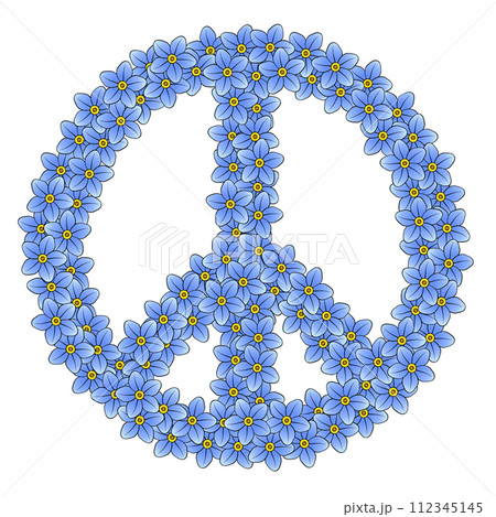 Peace sign made of 111 forget-me-not flowers. Made of 111 randomly arranged blue blossoms, a symbol originally designed for the nuclear disarmament movement, later adopted by the anti-war movement. 112345145
