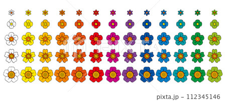 Five sets of multi colored flowers, different types of blossoms, Pop art colored, and arranged in rows. Groups of colorful flowers, isolated illustration, on white background. Vector. 112345146