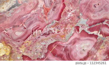 Pink high detail marble and granite stone texture with giolden and gray veins and cracks 112345261