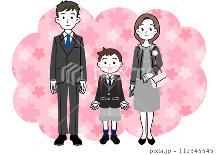 イラスト素材: 入学式　卒業式　親子（男の子と両親）　桜フレーム 112345545