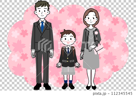 イラスト素材: 入学式　卒業式　親子（男の子と両親）　桜フレーム 112345545