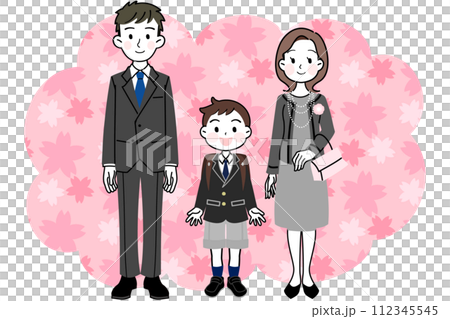 Illustration material: Entrance ceremony, graduation ceremony, parent and child (boy and parents), cherry blossom frame Illustration material: Entrance ceremony, graduation ceremony, parent and child (boy and parents), cherry blossom frame 112345545