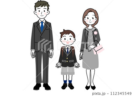 イラスト素材: 入学式 卒業式 親子(男の子と両親) イラスト素材: 入学式 卒業式 親子(男の子と両親) 112345549