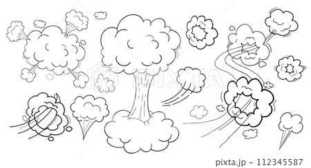 Comic motion effect, clouds speed way, trail set fast wind swirl, puff poof elements isolated on white background. Blow explosion Comic motion effect, clouds speed way, trail set fast wind swirl, puff poof elements isolated on white background. Blow explosion 112345587