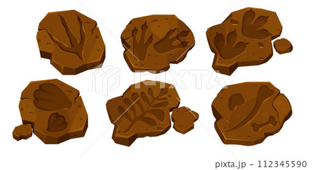 Set dinosaur fossil, paw print, reptile foot trail in cartoon style isolated on white background. Archaeological and paleontology finds. 112345590