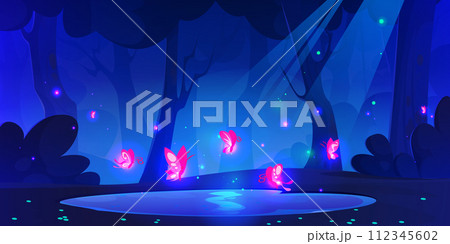 Magic fireflies over small lake in forest at night 112345602