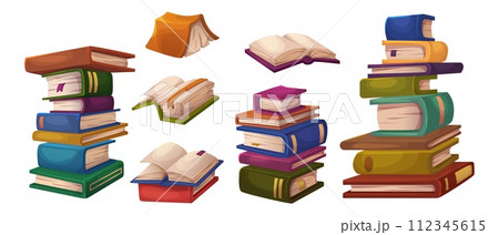 Book stack and single, closed and open Book stack and single, closed and open 112345615