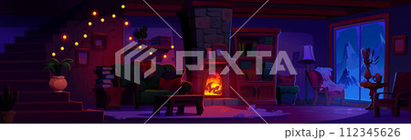 Night chalet interior with fireplace 112345626