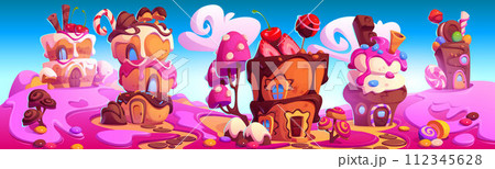 Candy land with fantasy sweet dessert houses 112345628