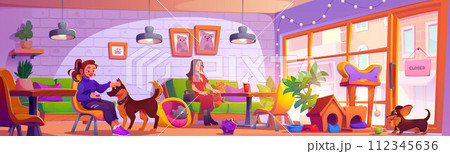 Dog and cat friendly cafe interior with visitors Dog and cat friendly cafe interior with visitors 112345636