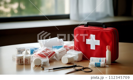 A red first aid kit is sitting on a table. The kit is open, and A red first aid kit is sitting on a table. The kit is open, and 112345709
