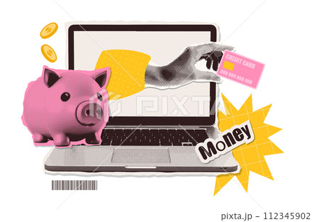 Trendy Halftone Collage with online payment metaphor. Hand sticking out of laptop screen with piggy bank and Floating Coins. Financial planning. Cashback concept. Save money. Earn and pay. Vector 112345902
