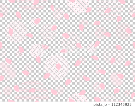 Circle pattern background with pink cherry blossom petals and dots and stripes 112345923