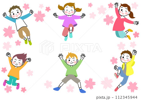 イラスト素材：元気いっぱいにジャンプする子供たち　桜 112345944