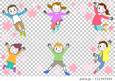 イラスト素材：元気いっぱいにジャンプする子供たち　桜 112345944