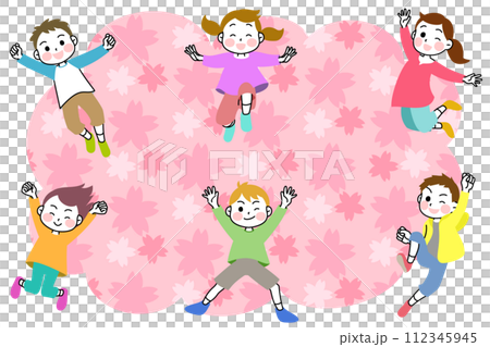 插畫內容：精力充沛跳躍的孩子們，櫻花框 112345945
