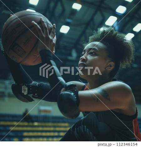 AI-generated content. Young woman with a prosthetic arm playing basketball indoors, showcasing the athlete's determination and skill 112346154