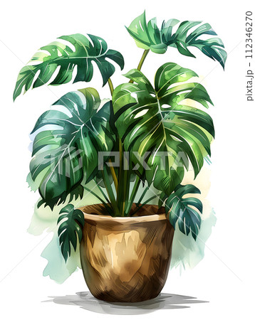 AI-generated content. An artistic depiction of a houseplant in a flowerpot, showcasing large green leaves on a white background. The painting features a terrestrial plant resembling a palm tree in a 112346270