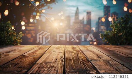 Wooden table leading to a blurred cityscape with twinkling lights at dusk. urban backdrop for product display. AI Wooden table leading to a blurred cityscape with twinkling lights at dusk. urban backdrop for product display. AI 112346331