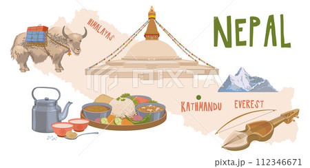 Map of Nepal with attractions. Traditional dishes, food products, Buddhist household items. Boudhanath, a yak with a load. Vector illustration for the design of travel brochures, tourist maps. Map of Nepal with attractions. Traditional dishes, food products, Buddhist household items. Boudhanath, a yak with a load. Vector illustration for the design of travel brochures, tourist maps. 112346671