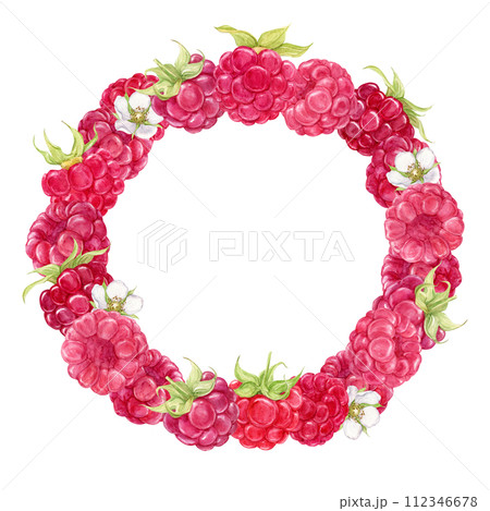 Raspberry wreath. Watercolor illustration. Isolated on a transparent background. Frame of red ripe berries for decoration of dishes, dishes, yogurt, farm products. Raspberry wreath. Watercolor illustration. Isolated on a transparent background. Frame of red ripe berries for decoration of dishes, dishes, yogurt, farm products. 112346678
