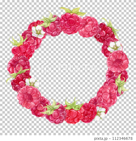 Raspberry wreath. Watercolor illustration. Isolated on a transparent background. Frame of red ripe berries for decoration of dishes, dishes, yogurt, farm products. 112346678