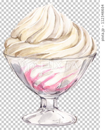 Whipped cream in a dessert glass. Watercolor illustration. Vanilla ice cream with berry topping in a transparent container. Summer sweet refreshing dish, winter frozen yogurt. Whipped cream in a dessert glass. Watercolor illustration. Vanilla ice cream with berry topping in a transparent container. Summer sweet refreshing dish, winter frozen yogurt. 112346684