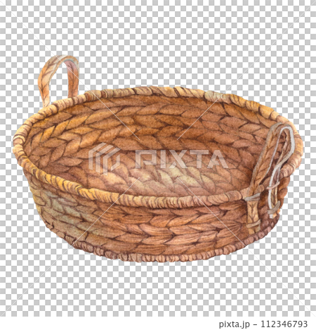 Wicker round basket with two handles. For flowers, food, home decoration and cosmetics. Hand drawn watercolor illustration on isolated background. For creating postcards, Spa, weddings, Easter decor. Wicker round basket with two handles. For flowers, food, home decoration and cosmetics. Hand drawn watercolor illustration on isolated background. For creating postcards, Spa, weddings, Easter decor. 112346793