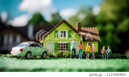 A family of five, standing in front of their new home. 112346904