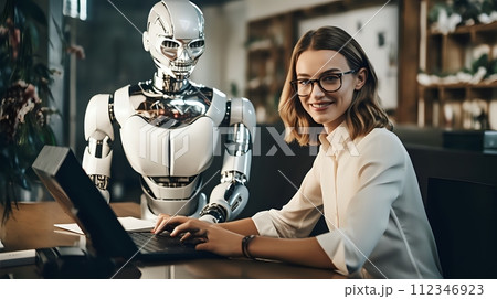 Female Scientist Android A female scientist works on a laptop next to an...のイラスト素材 [112346923 ...
