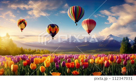 Photo focusthousands of colorfull balon in the sky . generate Ai 112347031